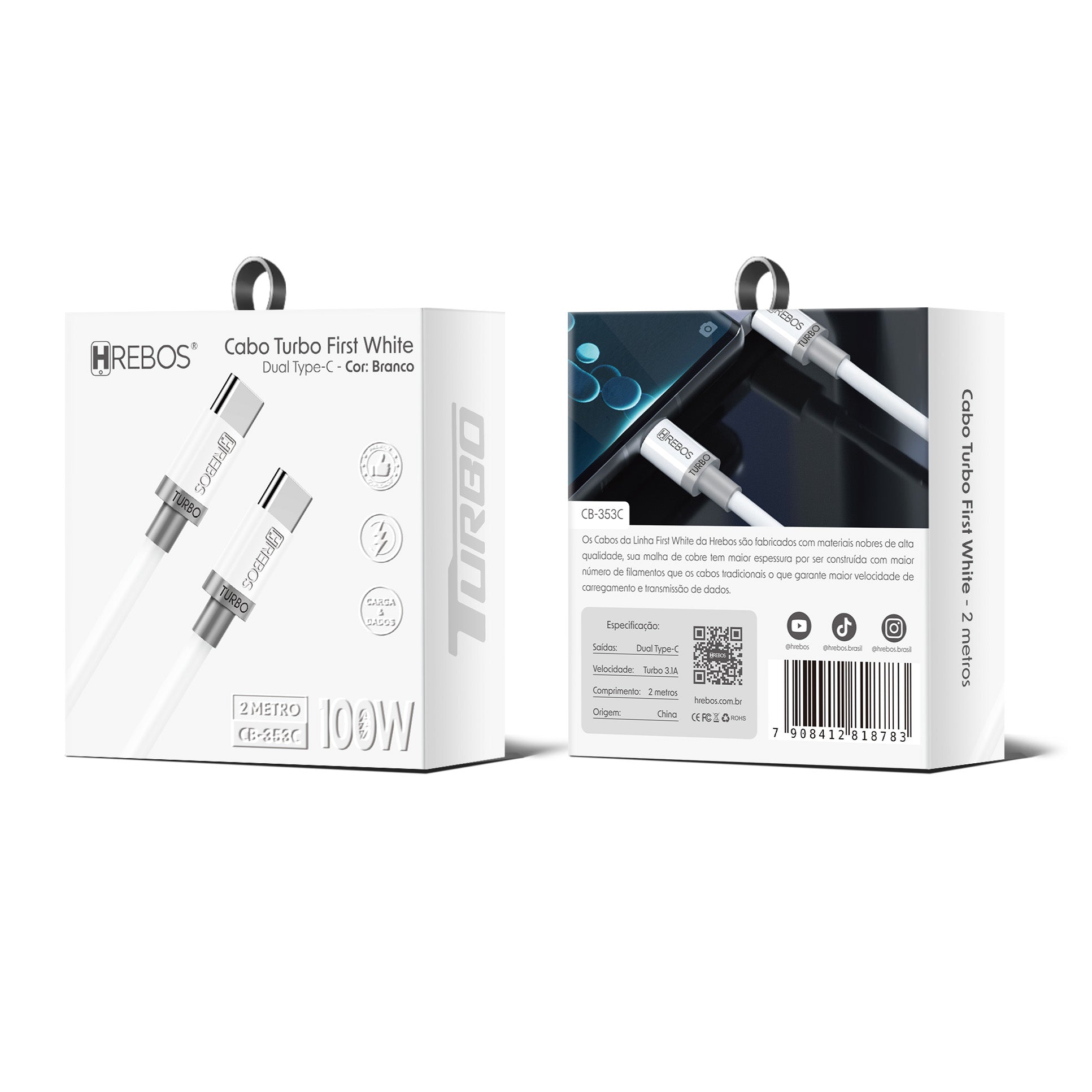 Cabo Turbo First White 100w Tipo-C x Tipo-C 2m