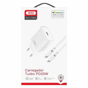 Kit Carregador Turbo PD 20W com Cabo USB-C x USB-C - XO-l77