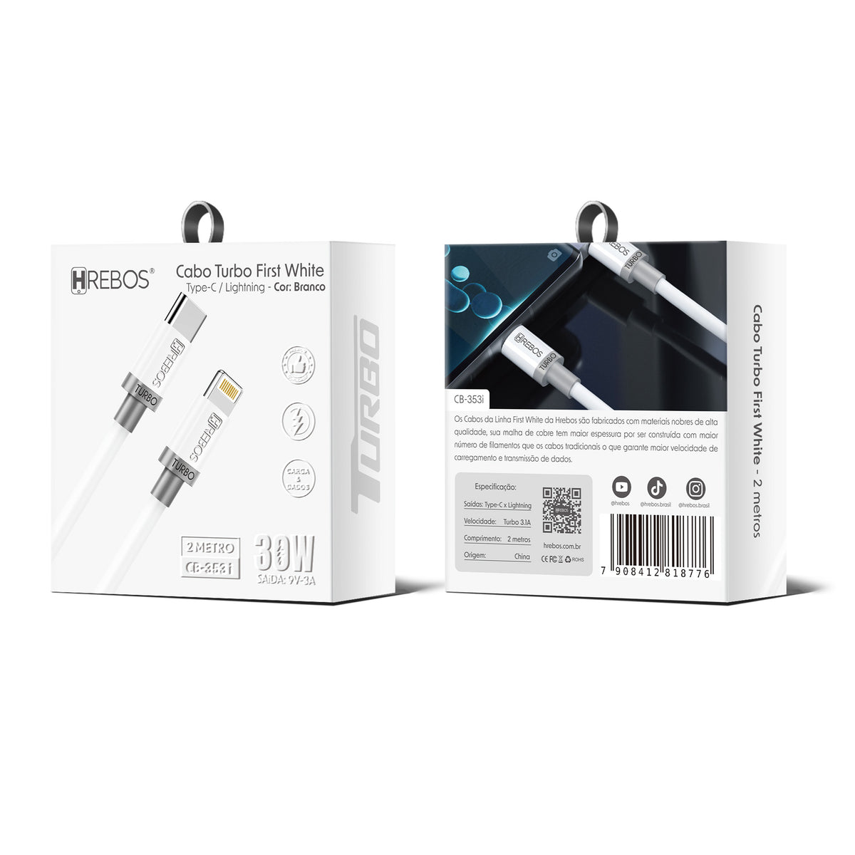 Cabo Turbo First White 30w Tipo-C x Lightning 2m