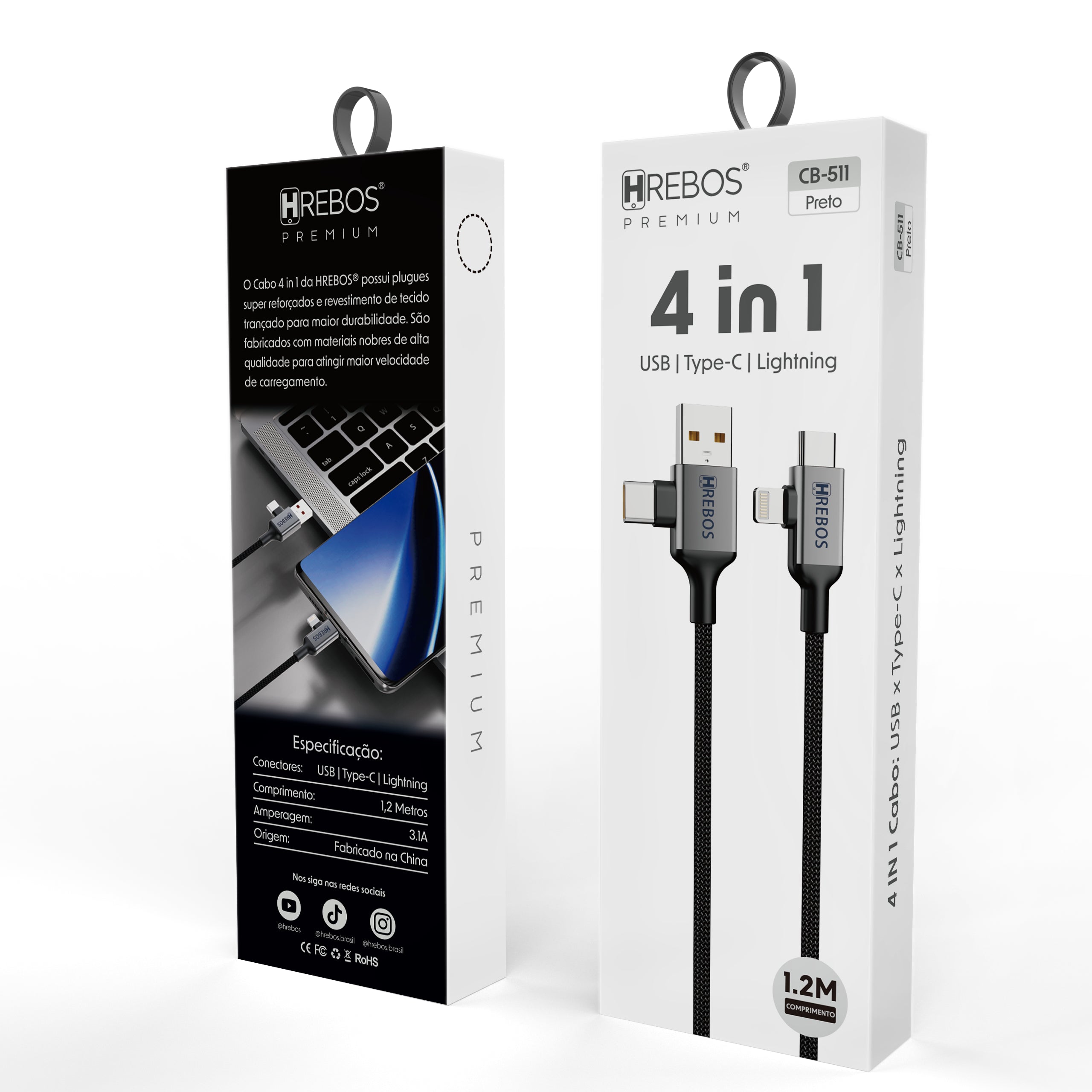 Cabo 4 em 1 USB x Tipo-C x Lightning 1,2m