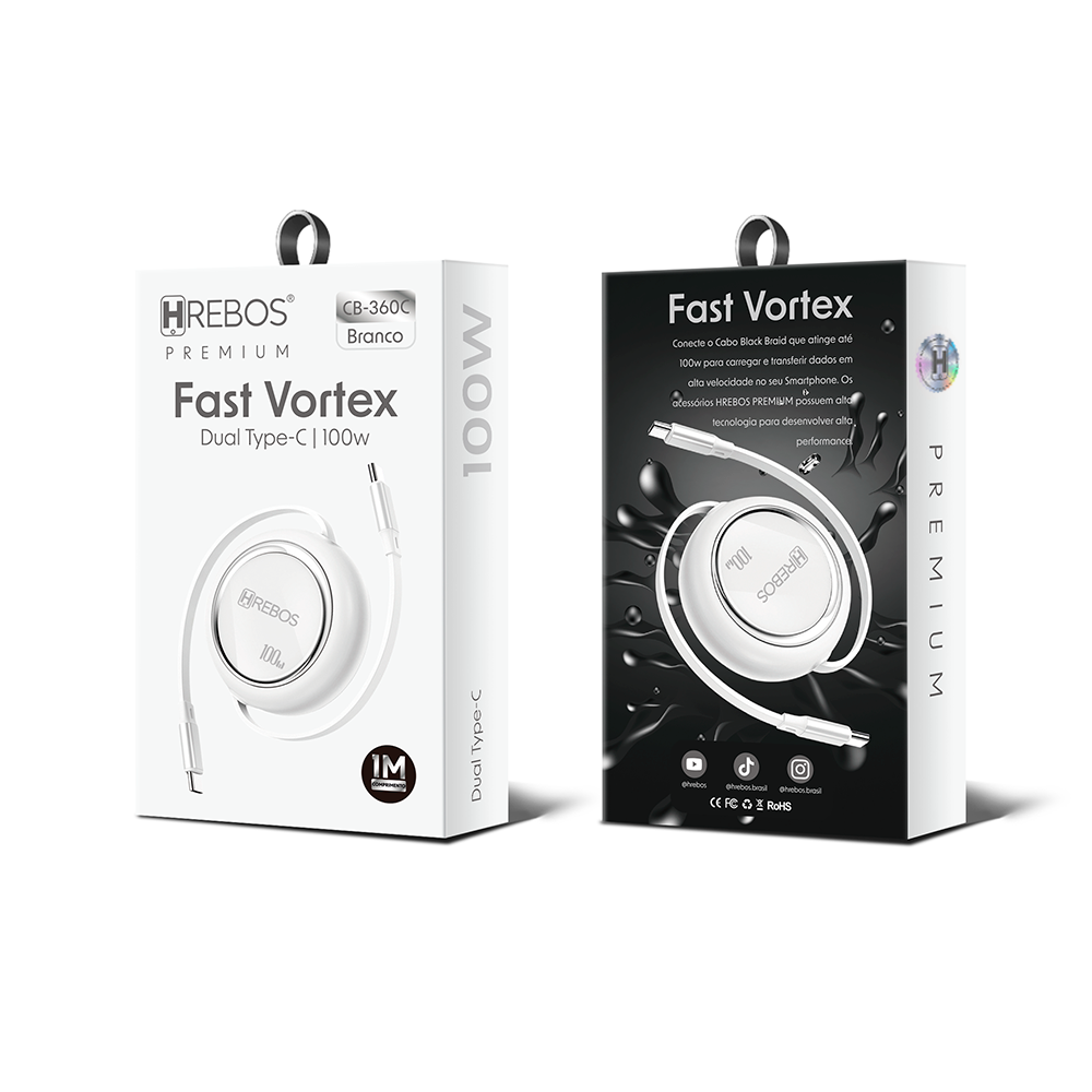 Cabo Retrátil Fast Vortex 100w Tipo-C x Tipo-C 1m
